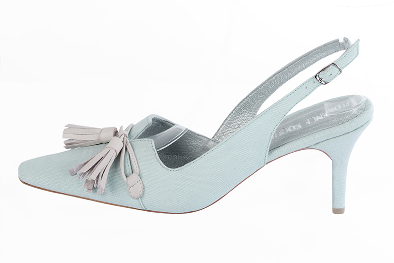 Sky blue women's open back shoes, with a knot. Tapered toe. High slim heel. Profile view - Florence KOOIJMAN